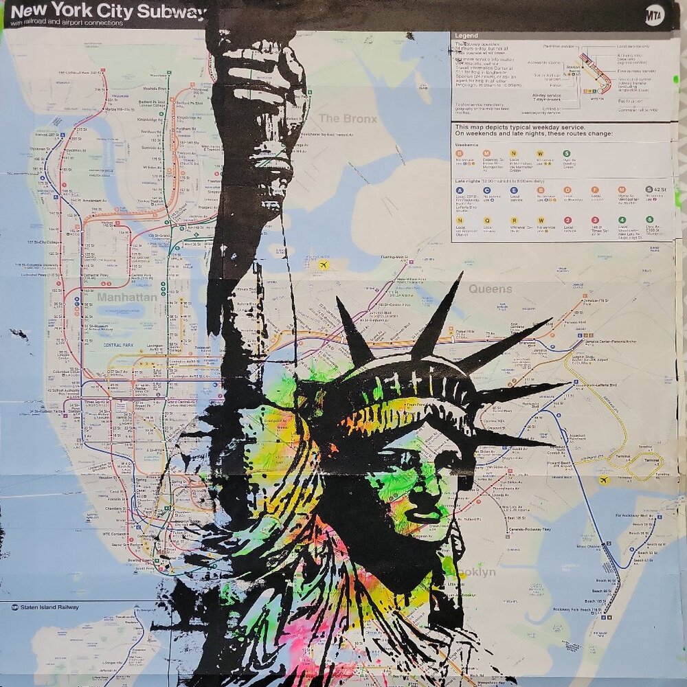 Handpainted Statue of Liberty Unique Acrylic Art painting on a NYC Subway map